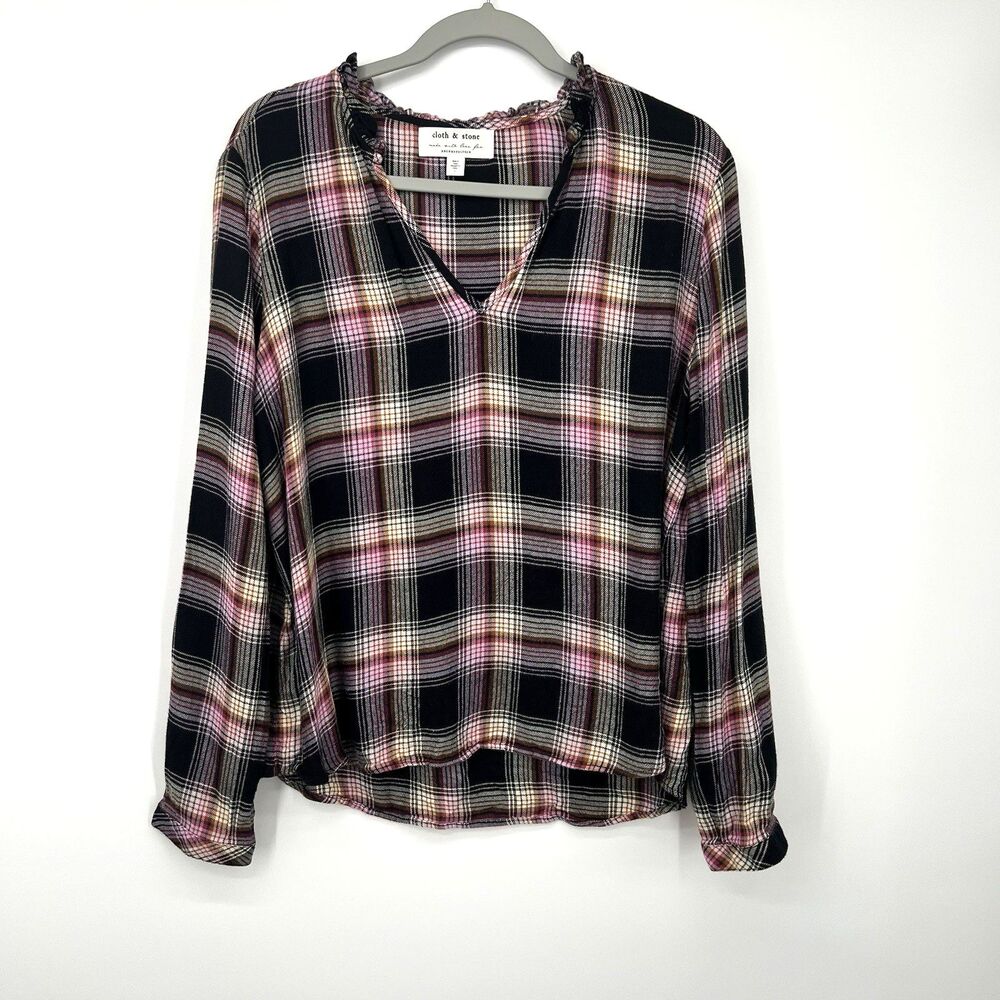 Anthropologie Cloth & Stone Womens Plaid Flannel Top Sz L Ruffle V Neck Comfy